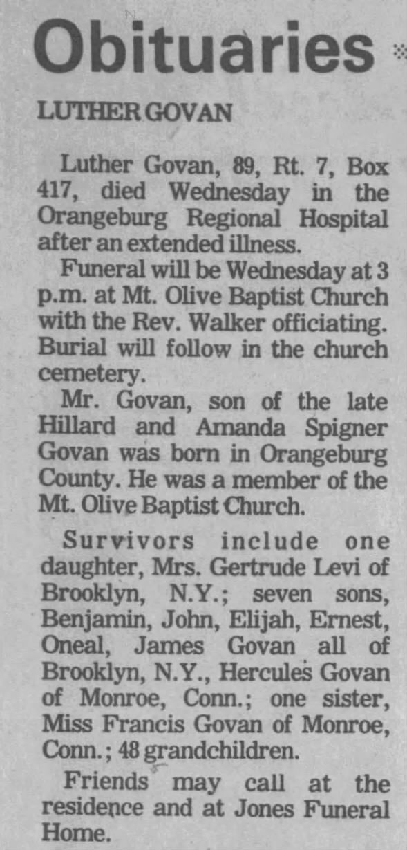 LUTHER GOVAN OBITUARY